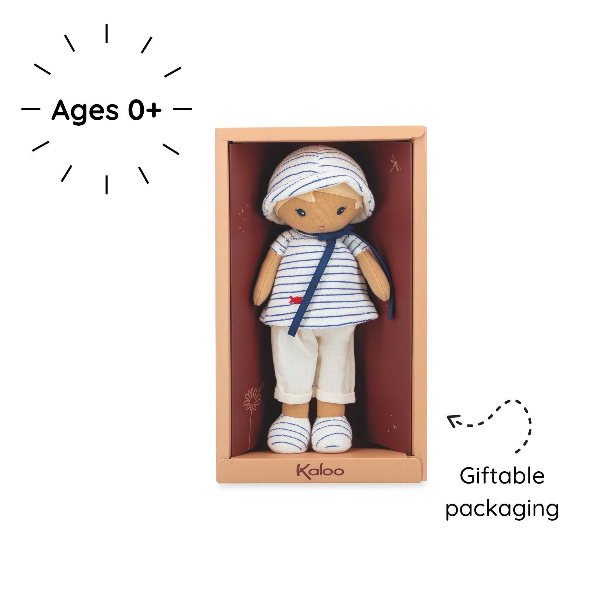 KALOO - Tendresse - Mi Primera Muñeca de Tela Eli - Muñeca de Trapo 25 cm - Camiseta Marinera - Bonita Caja de Regalo - Cinta Personalizable - Desde el Nacimiento, K200012