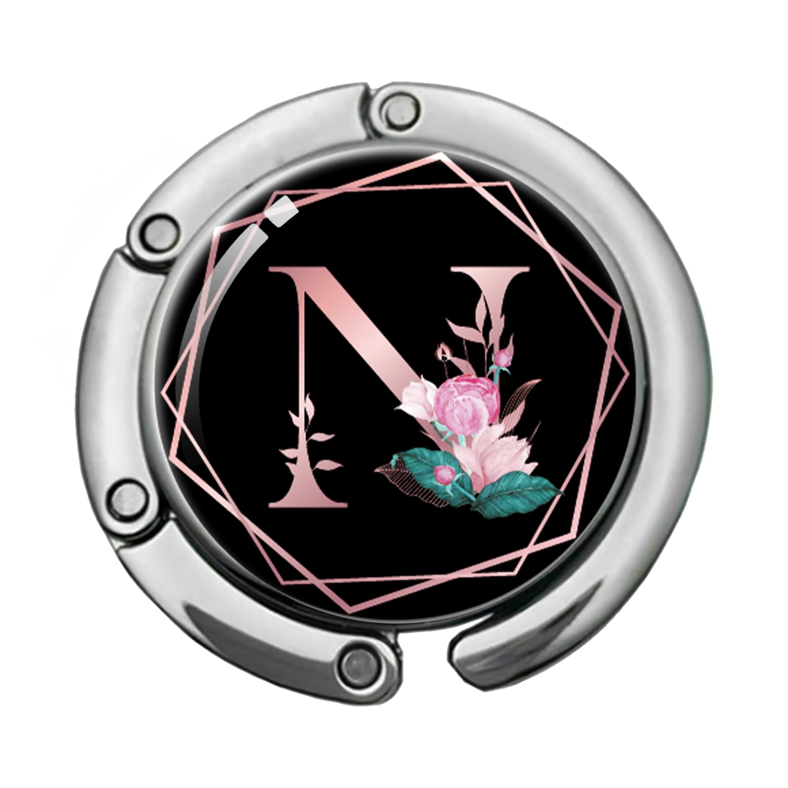 KANGYUSO Pink Initial Foldable Purse Hook, Flower Letter Handbag Hanger, Women's Bag Hanger Hook, Round Purse Table Hook, Funny Desk Hook Gift for