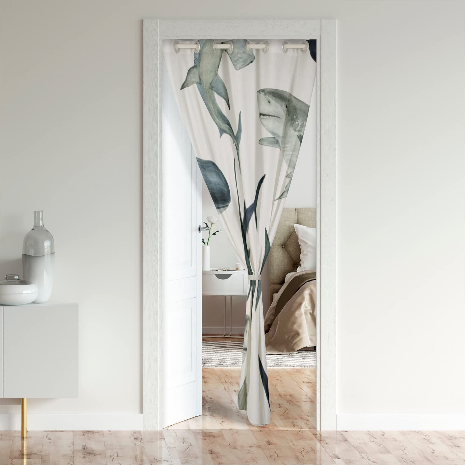 Loussiesd Shark Door Curtain for Doorway Privacy 150x203cm Ocean Sea Animal 30%-50% Room Darkening Blackout CurtainSea Underwater World Marine Theme Blue Animal Room Divider Curtain Cover - Image 2