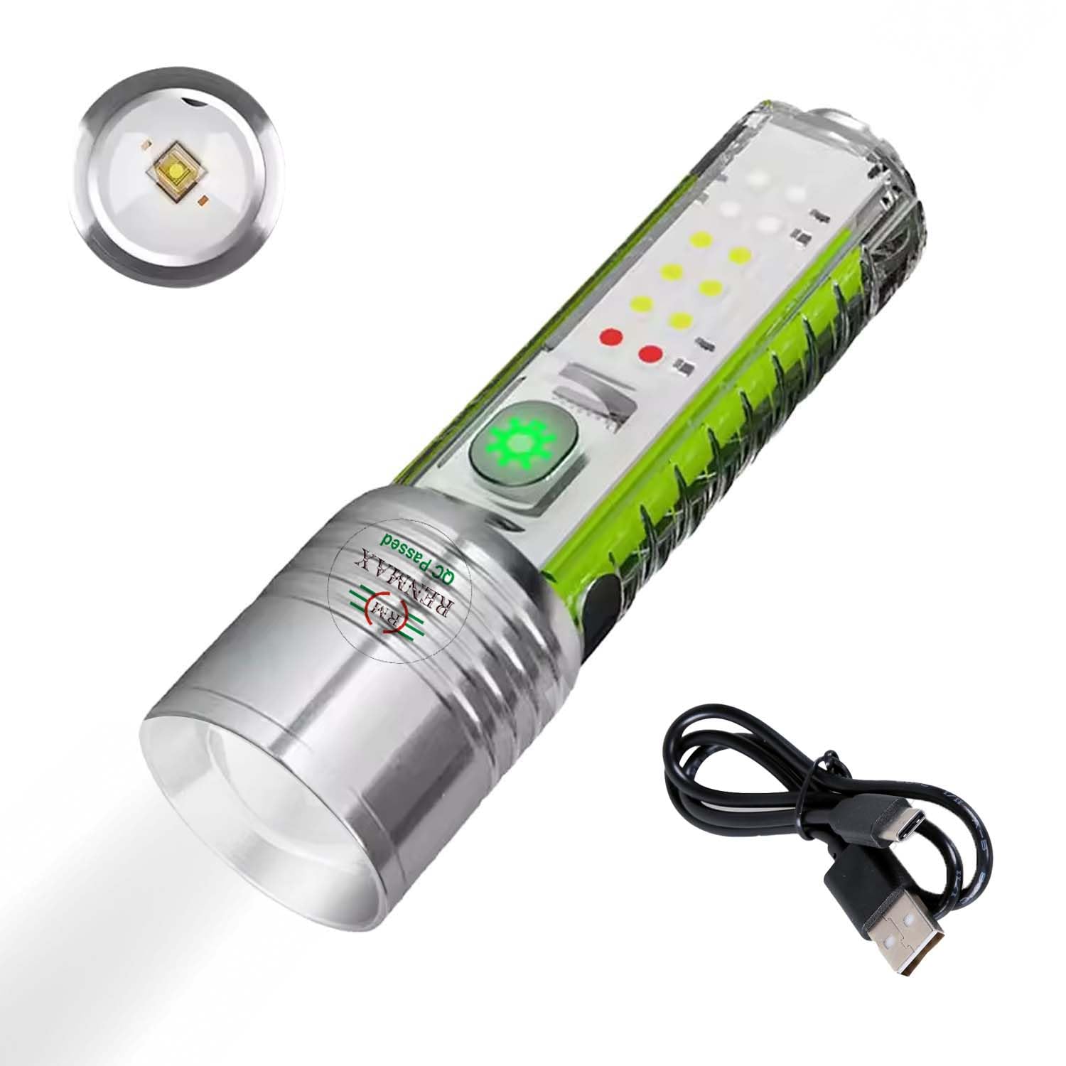 RENMAX Multifunction Bright LED Torch Flashlight Rechargeable Red Blue Green White Lighting Modes Zoom Focus Waterproof Metal - 1Pc (B0D474KN4B) Amazon Price History, Amazon Price Tracker