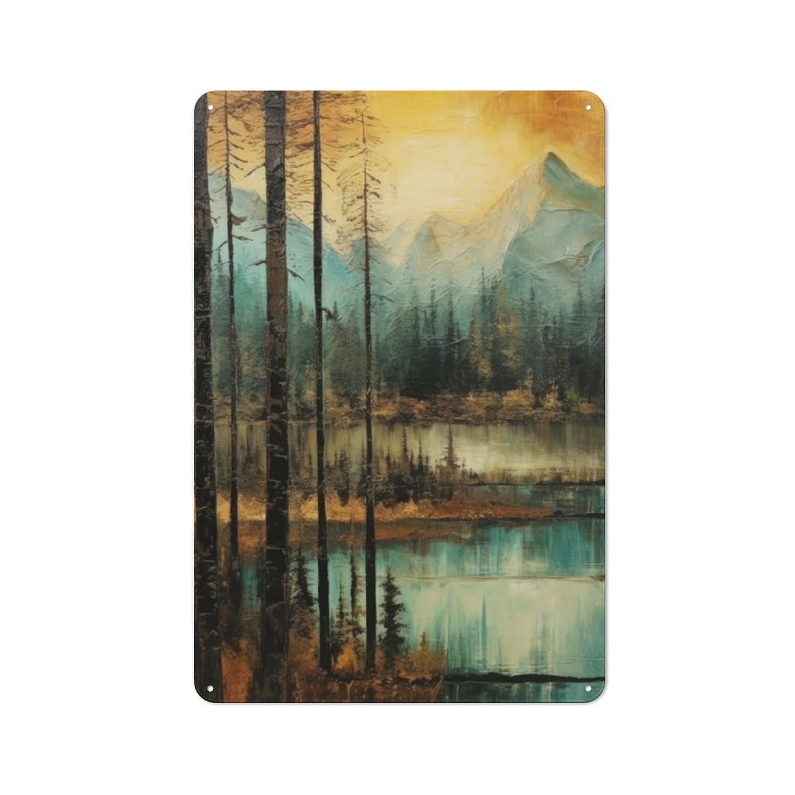 Junmoney Golden Blue Mountain Lake Vintage Metal Plaque 30X20cm Featuring For Pub Or Café, Suited To Café Interior Fans