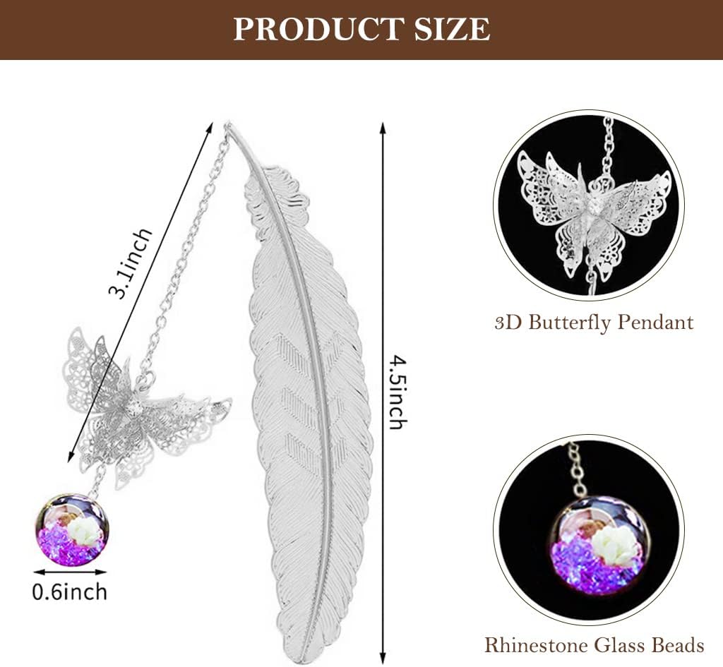 Supvox® Metal Feather Bookmark, Vintage Feather Butterfly Bookmark with Glass Beads Pendant for Reading Enthusiasts and Gifting, Bookmark Gift for Teachers Women (Silver Bookmark, Purple Flower)
