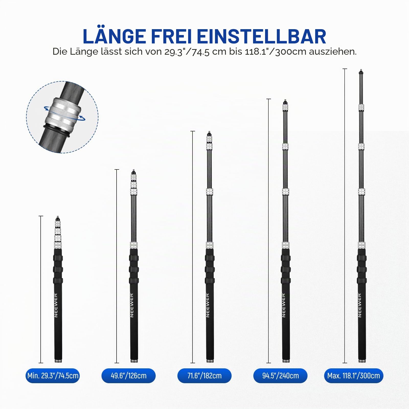 NEEWER Verbesserte Mikrofon Galgenstange, 300cm Teleskop Kohlefaser Mikrofonarm mit 5 Abschnitten, 1/4” 3/8” 5/8” Schraubenadapter, Kabelgurte, Schultergurt und Aufbewahrungstasche,MS-300C