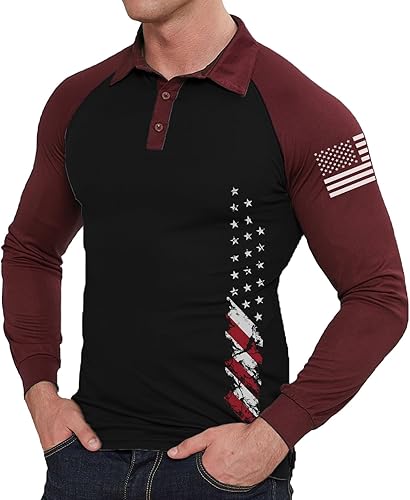 Miniatura 9 de BlackTeak Men's Patriotic Long Sleeve Polo Shirt Patriotic Casual American Flag Graphic Golf Polo Shirts