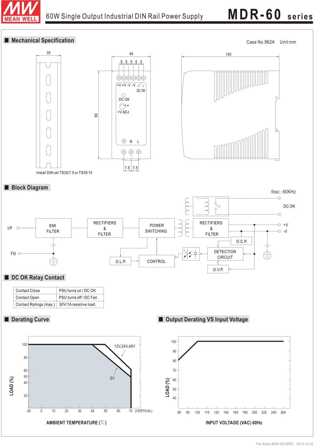 MW Mean Well MDR-60-12 12V 5A 60W Single Output Industrial DIN Rail Power Supply