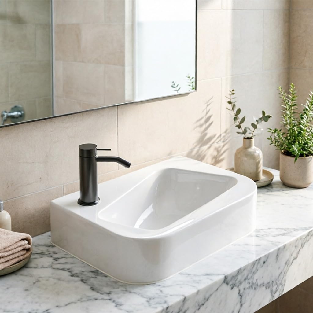 Lavabo de cerámica blanca para baños pequeños, lavabo suspendido rectangular de 35.5×25.5 cm, lavabo encimera moderno colgado a pared con desagüe izquierdo