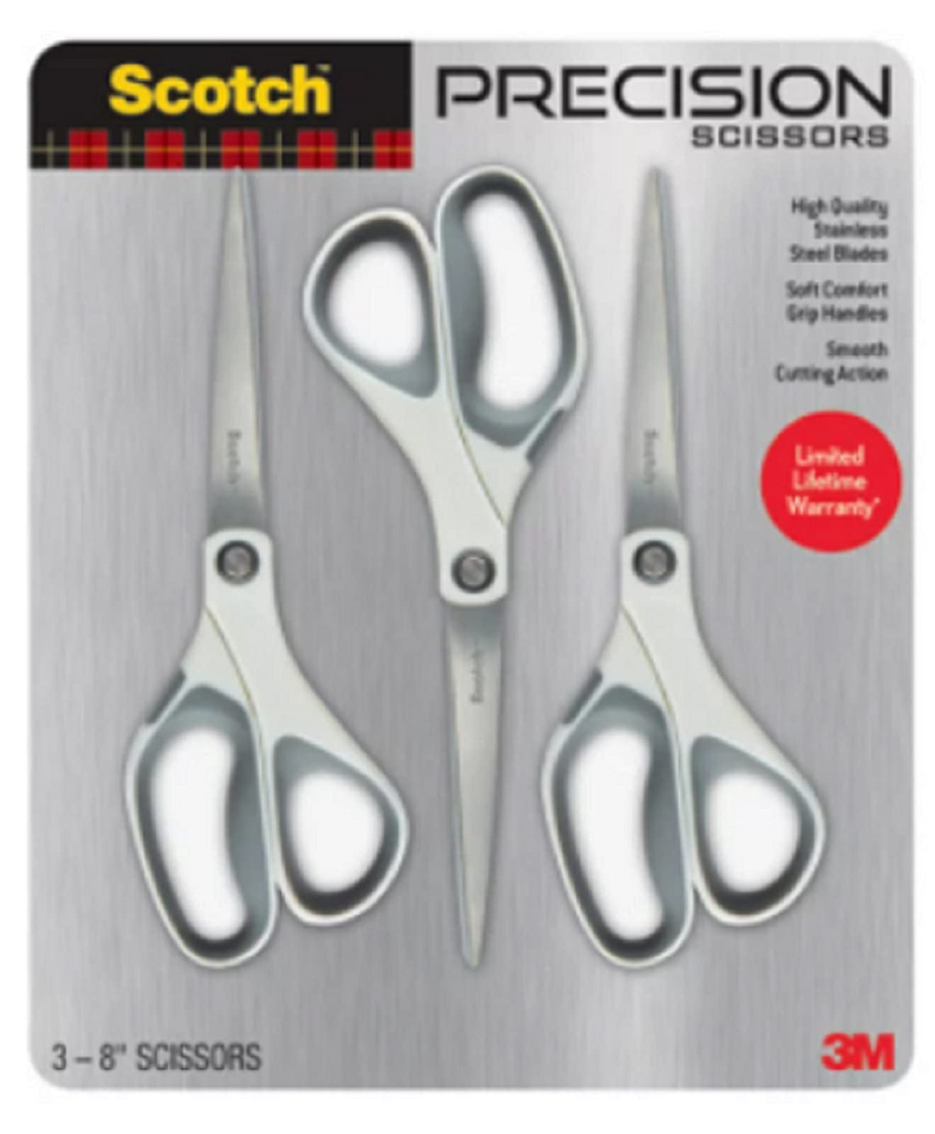 Scotch Precision Scissors, 8-Inch Stainless Steel Blades, Comfort Grip Handles, 3-Pack