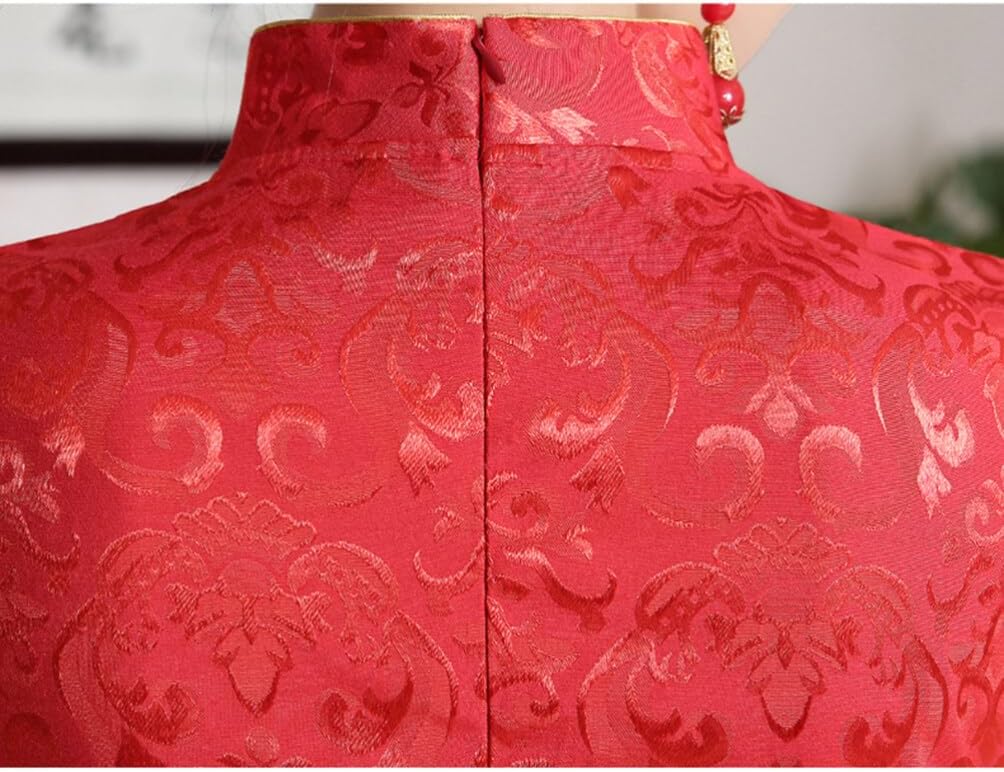 Chinese Traditional Dress Traditional Chine Cotton Banquet Cotton Short Sleeve Qipao High Waistline Wedding Cheongsam Toast Clothing Bride Red