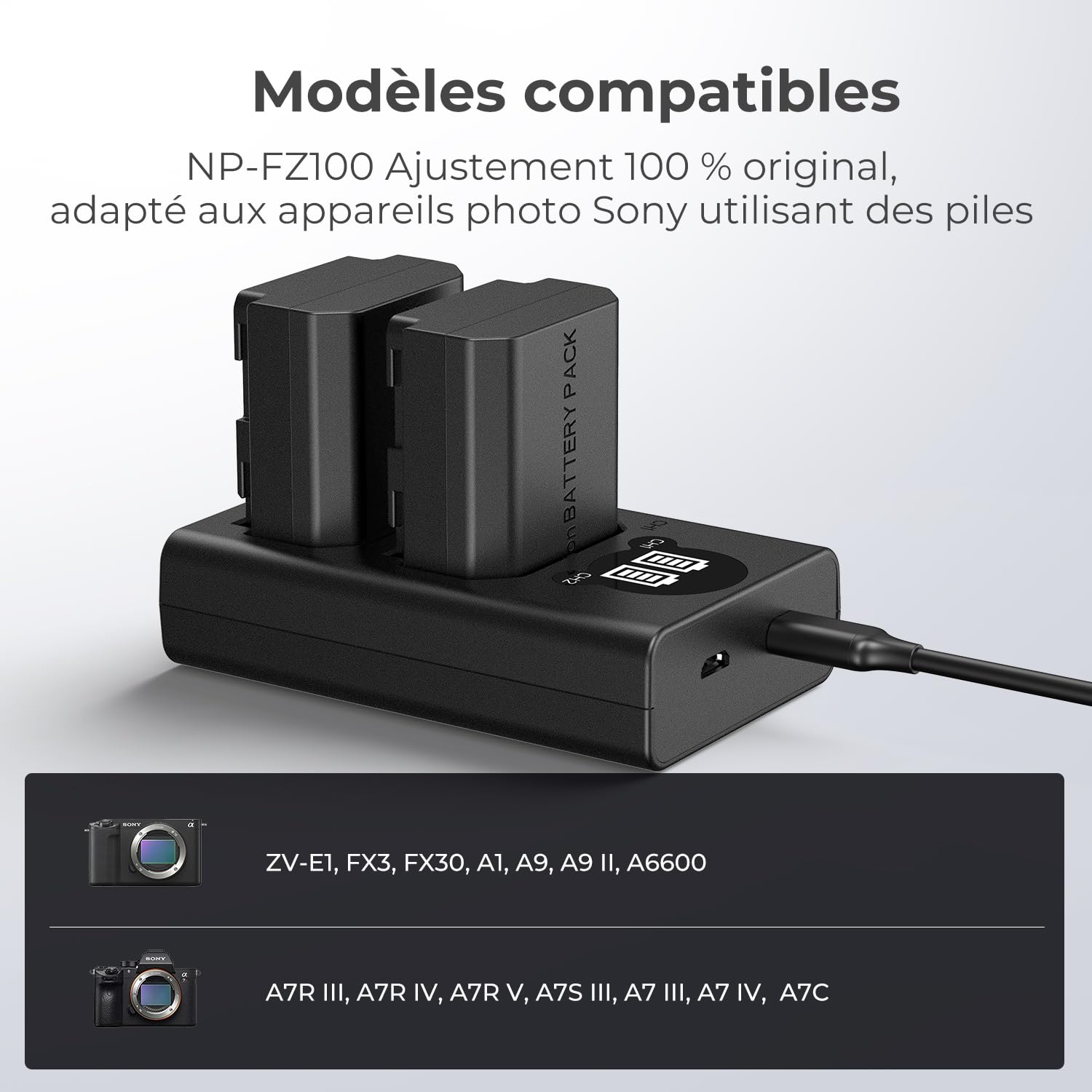K&F CONCEPT NP-FZ100 Batterie Chargeur avec Double Emplacement et écran LCD, Chargeur Micro USB et Type-C pour Sony FX30, Alpha A7 III, A7R III (A7R3), A9, A6600, A7R IV, Alpha A9 II Camera Batteries