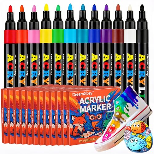 Acrylic Paint Markers, 144 Pack with 12 Colors Medium Tip Acrylic Paint Pens for Painting on Rocks, Canvas, Ceramic, Wood, Glass for Artists and Adults, DIY, Holiday Decorations & Art Supplies