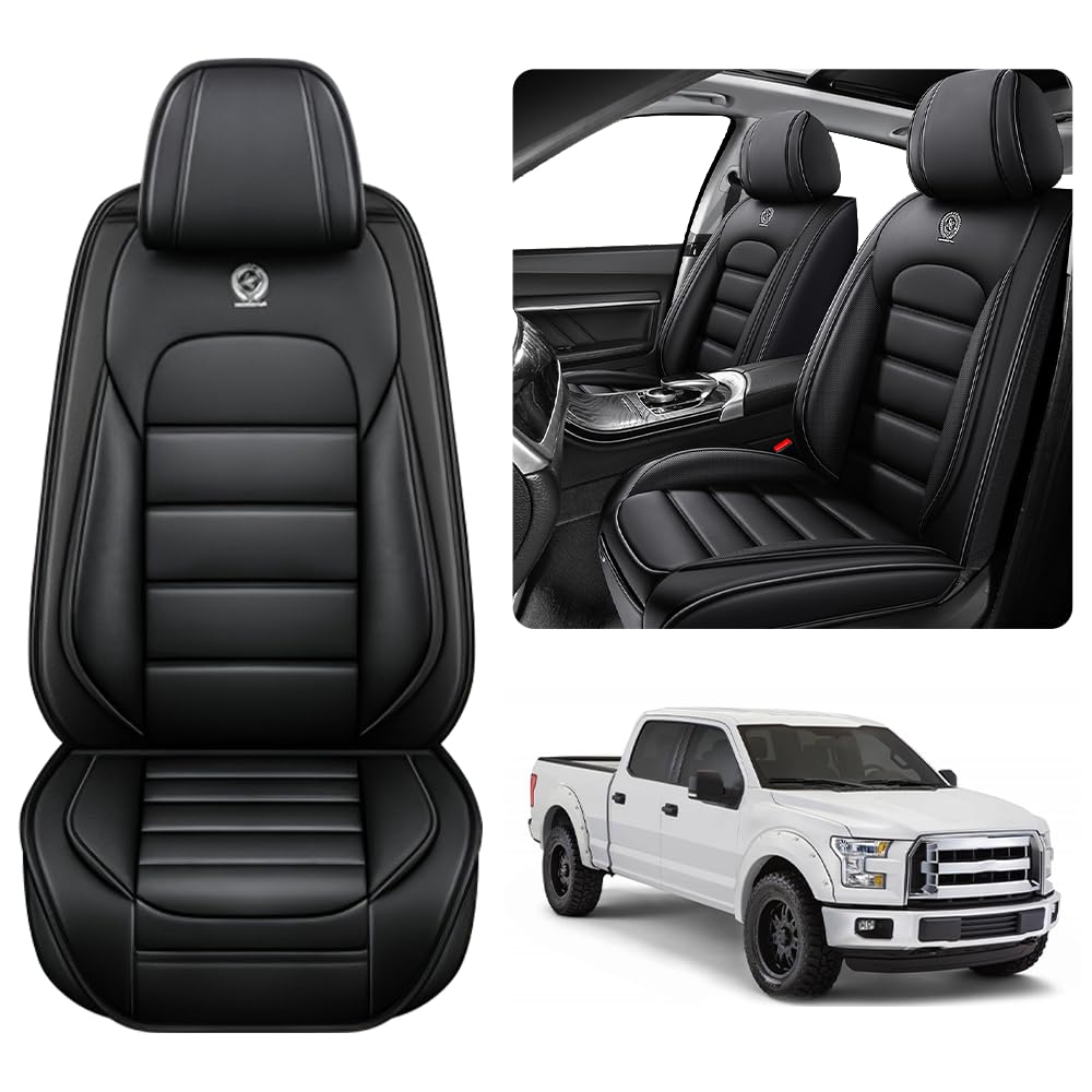 2 Front Seat Covers for Ford F150 2009-2024, Waterproof Nappa Leather Full Coverage Truck Seat Cover, Muscle Sport Style Compatible Airbag Auto Interior Covers (Classic Black)