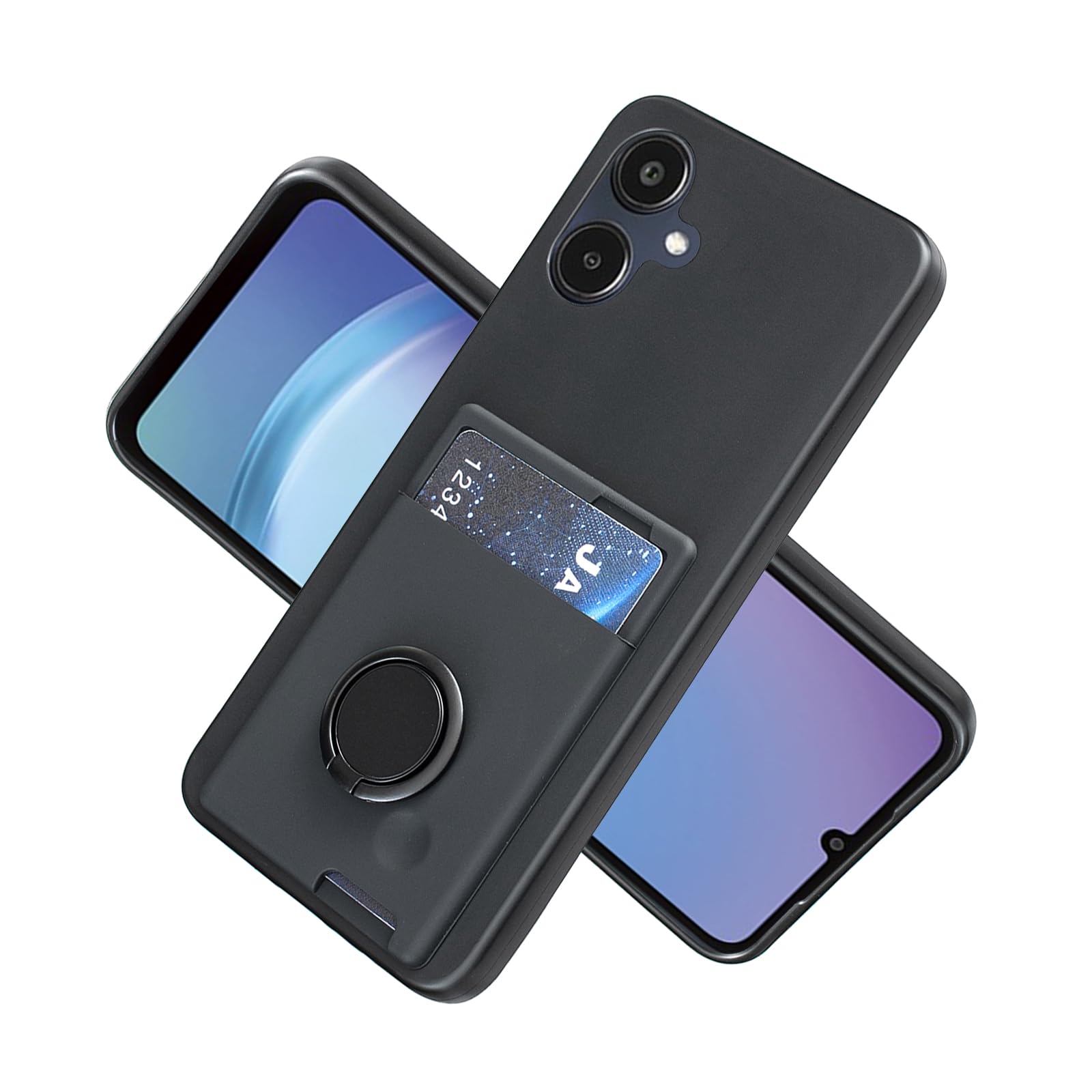 【OULO1】対応 Galaxy A25 5G ケース リング付き シリコン カード収納 サムスン ギャラクシーa25/SC-53F/SCG33 リング付き ケース 一体型 スタンド機能 360°回転リング 背面 IC カード入れ カバー 車載ホルダー対応（ブラック）サムスンA25 Black
