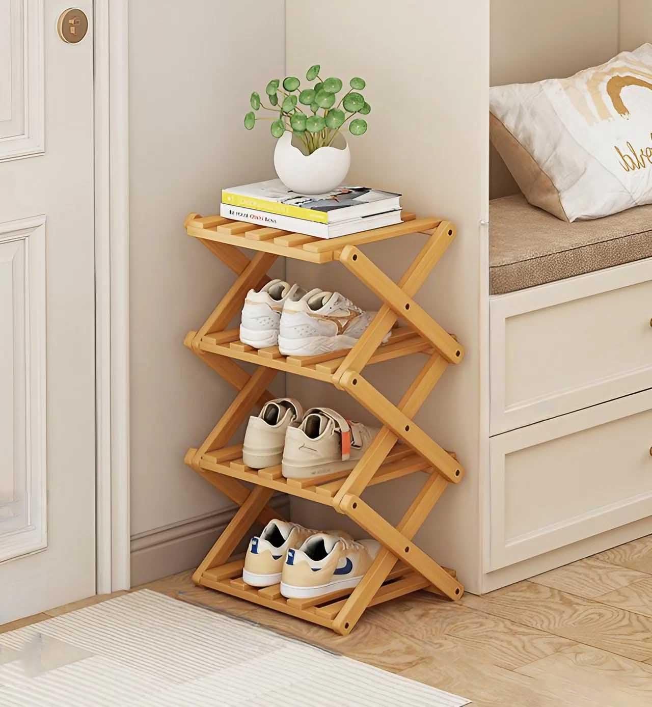 YHXAIQ Bamboo X Shape Shoe Rack Foldable, No Installation Vertical Slim Shoe Organizer for Bathroom/Corridors/Bedrooms, Multi-Layer Space Saving(Light brown,4th floor)
