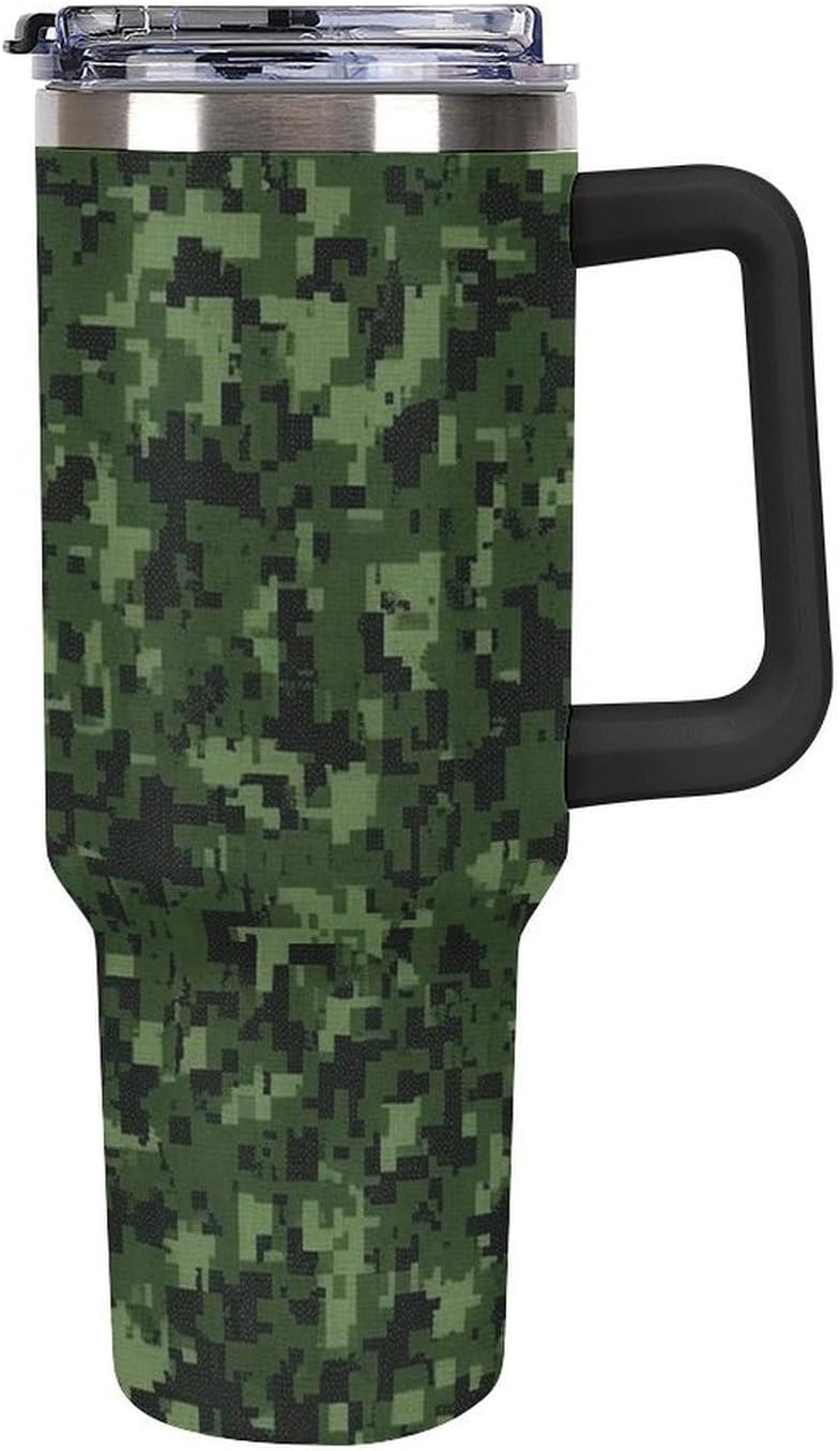 40 Oz Green Army Digital Camouflage Tumbler with Handle And Straw, Stainless Steel Vacuum Travel Coffee Mug Insulated Water Bottle Leak-proof Large Capacity Car Cup Gifts, Cupholder Friendly
