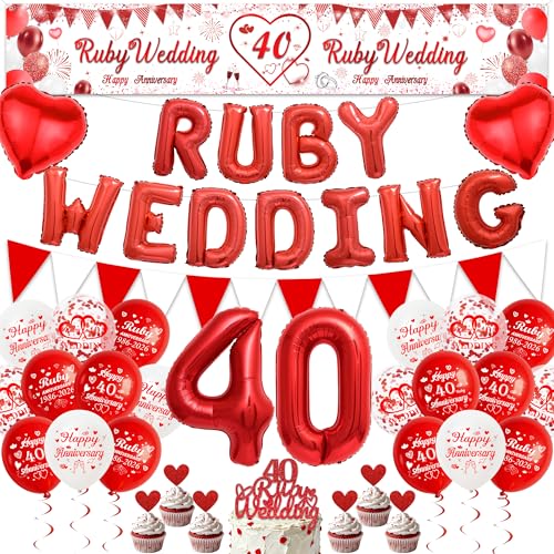 40th Wedding Anniversary Decorations Set - Ruby Wedding Yard Banner and Foil Letter Balloons for Happy Anniversary Party Red Number 40 Foil Balloons Bunting Cake Topper for 40 Years Decor