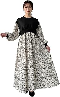 [UQQA] 花柄ワンピース レディース【ゆったりシルエット リラックスフィット】 秋 長袖 ロング丈 体型カバー 大きいサイズ 50代 黒 動きやすい 大人可愛い ブラック XL