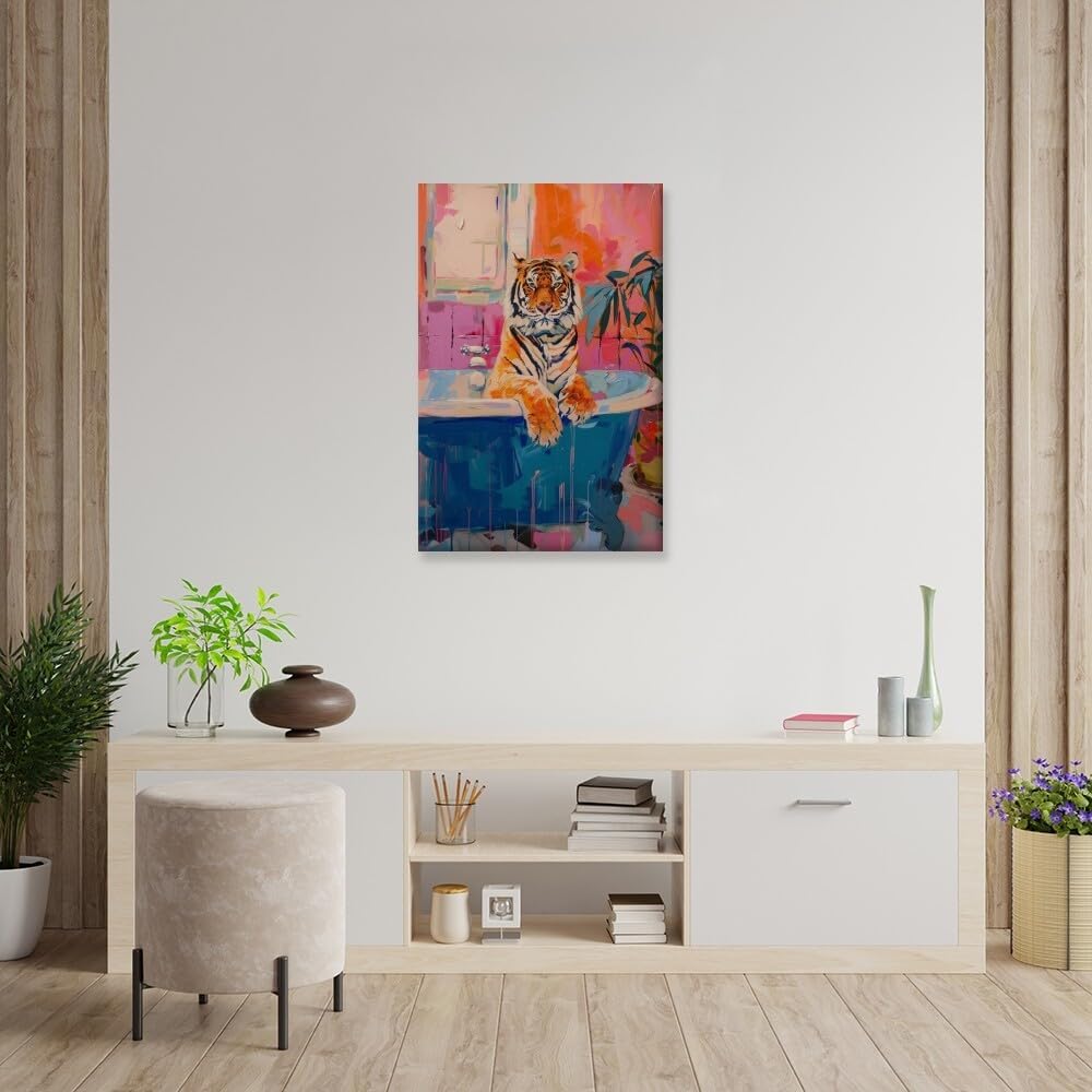 TcnBzydkij Tiger Bathroom Wall Art Poster Trendy Canvas Prints Tiger In a Bath Decor Preppy Wall Picture Trendy Maximalist Dopamine Decor Fun Art 16x24inch Framed