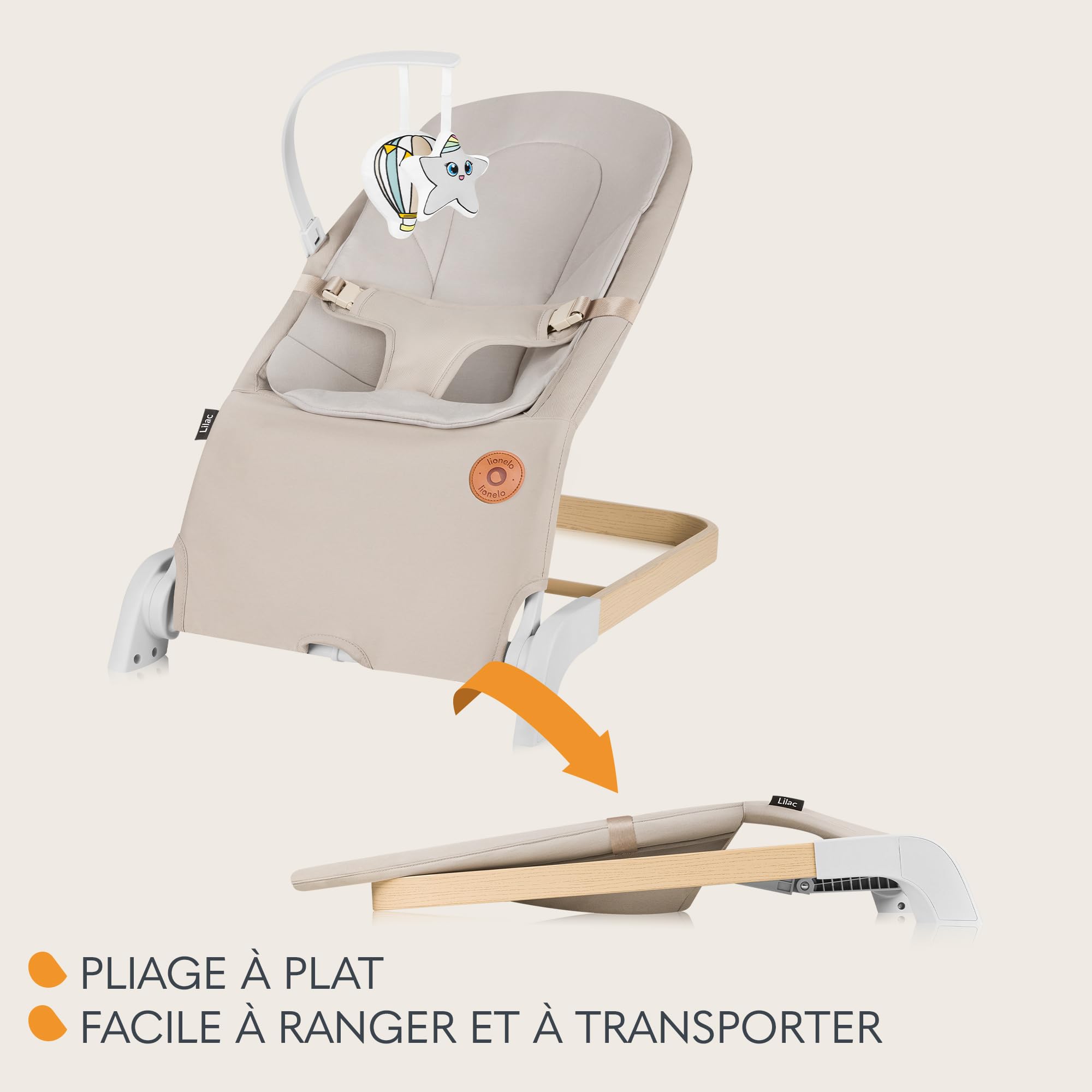 Transat enfant et balancelle LIONELO LILAC pour les bébés jusqu'à 9 kg de 0 à 6 mois, balancelle 2 en 1, 2 jouets, réglage d'inclinaison, harnais à 3 points, léger 3,2 kg, se plie à plat