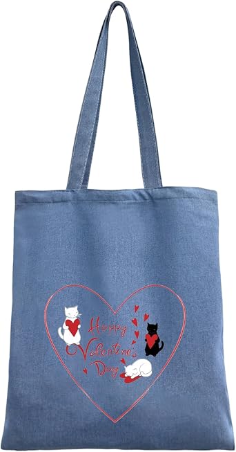 Women Cute Cat Valentines Day Canvas Tote Reusable Grocery Bags Kawaii Aesthetic Graphic Shopping Shoulder Tote Bags