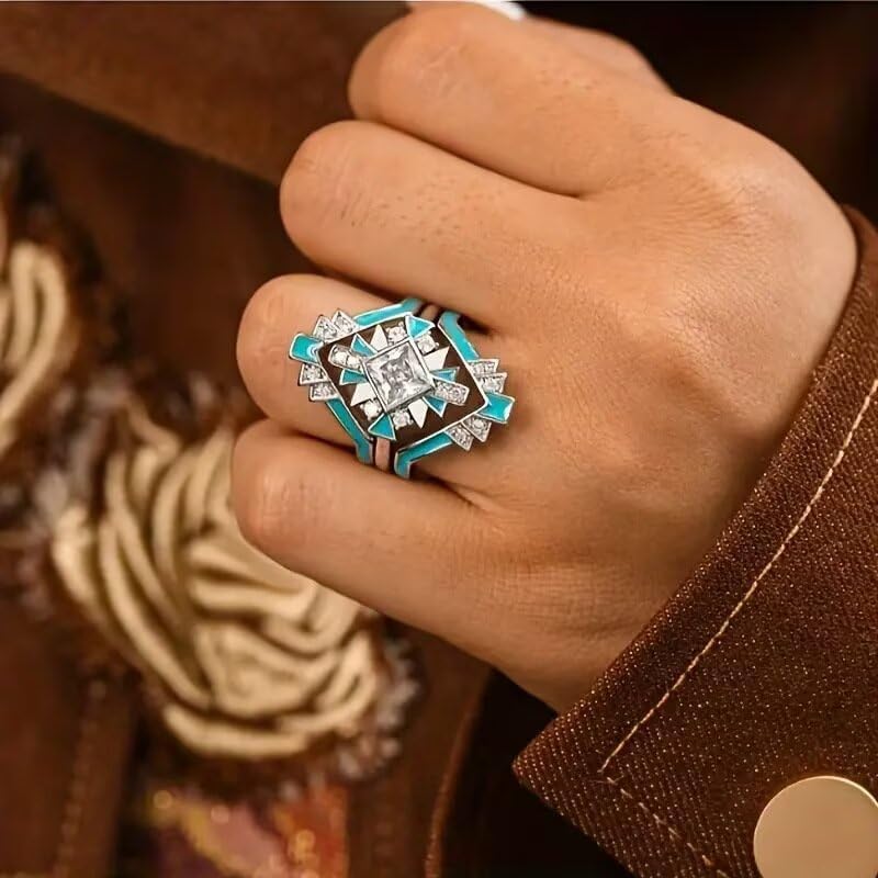 925 Sterling Silver Turquoise Ring for Women, Dainty & Chunky Adjustable Vintage Boho Ring, Minimalist Elegant Statement Jewelry, Sparkling Blue Gemstone Gift for Her Size 6 - Image 3