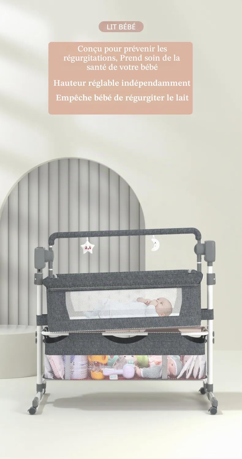 Berceau électrique Bluetooth pour cododo pour bébé, berceau de chevet convertible, berceau portable pliable pour nouveau-né avec matelas et haut-parleur de musique Bluetooth (gris électrique)