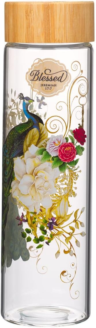 Christian Art Gifts Premium Blue Peacock Reusable Glass Water Bottle with Bamboo Twist Cap Lid for Travel and Beverages - 22 oz Bottle with Inspirational Scripture for Women - Blessed - Jeremiah 17:7