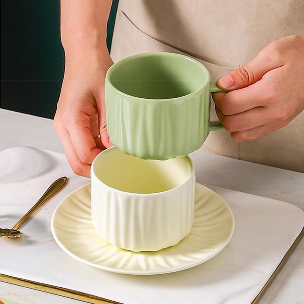 filiżanka do herbaty, Filiżanka kawy o pojemności 8,7 uncji, z uchwytem i talerzem Kubek ceramiczny do takich napojów jak mleko Cappuccino, kawa, herbata itp. (kolor: zielony/6 szt.)(Green/1pcs)