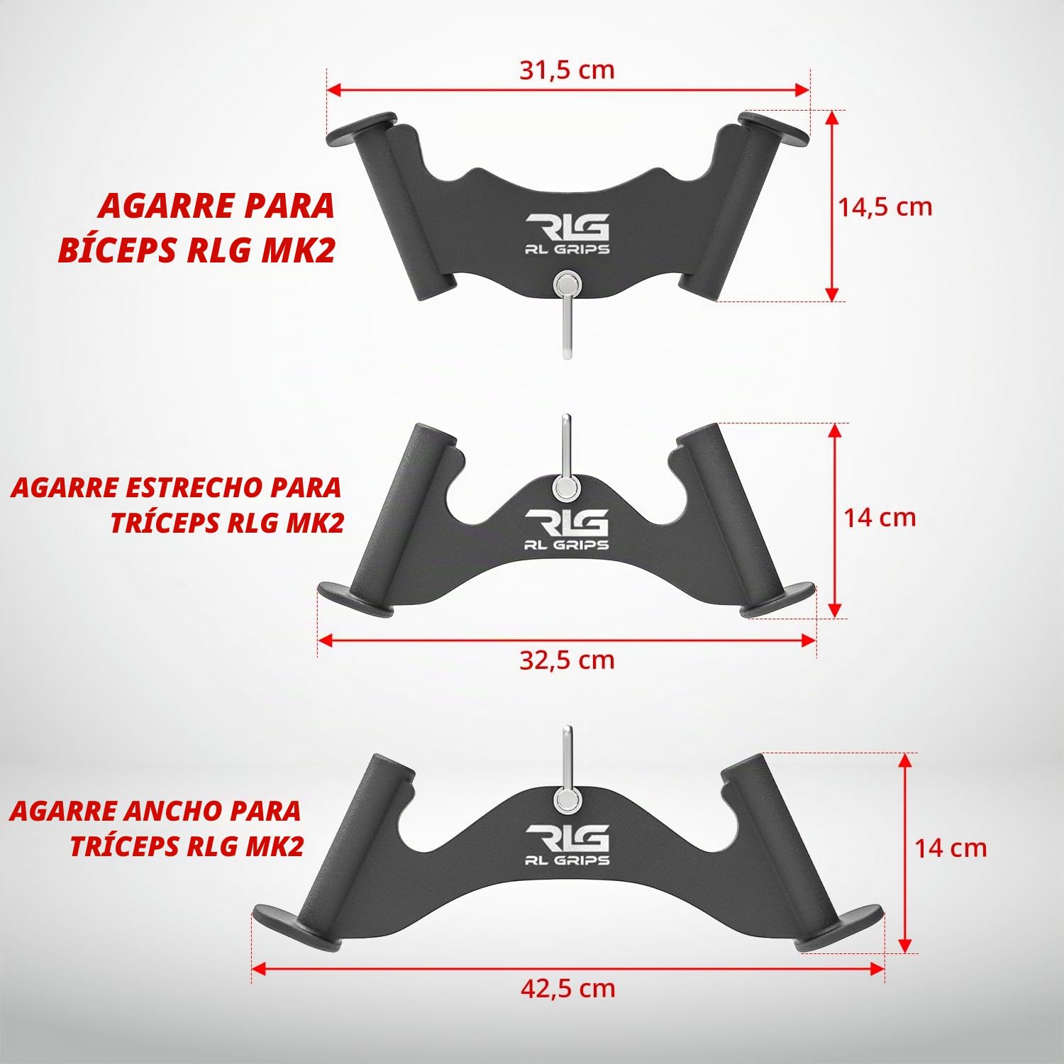 RL Grips - MK2 Agarres para Poleas de Gimnasio de Bíceps y Tríceps - Pack de 3 Manerales de Entrenamiento en Cable de Pesas Ergonómicos para Brazo - Agarres para Curl en Poleas