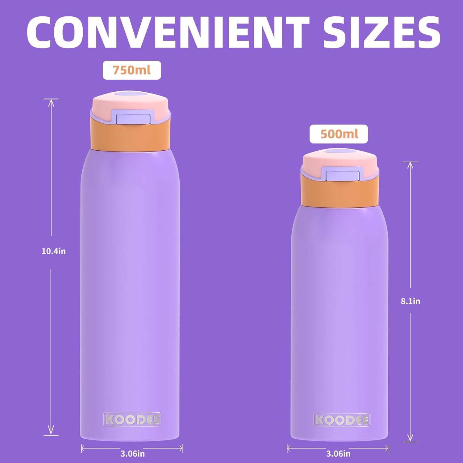 koodee 24oz Free-sip Insulated Stainless Steel Water Bottles with Soft Straw,Quick Flip GO Bounce cup Thermo-flask,Pop & Fill Double-Wall Vacuum Bottle,for Sports & Travel,BPA-Free (Peach Lavender)