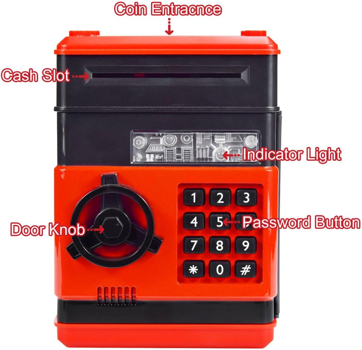Cartoon Electronic Password Mini ATM Piggy Bank Cash Coin Can Auto Scroll Paper Money Saving Box, for Children Kids (Black/red) image 4