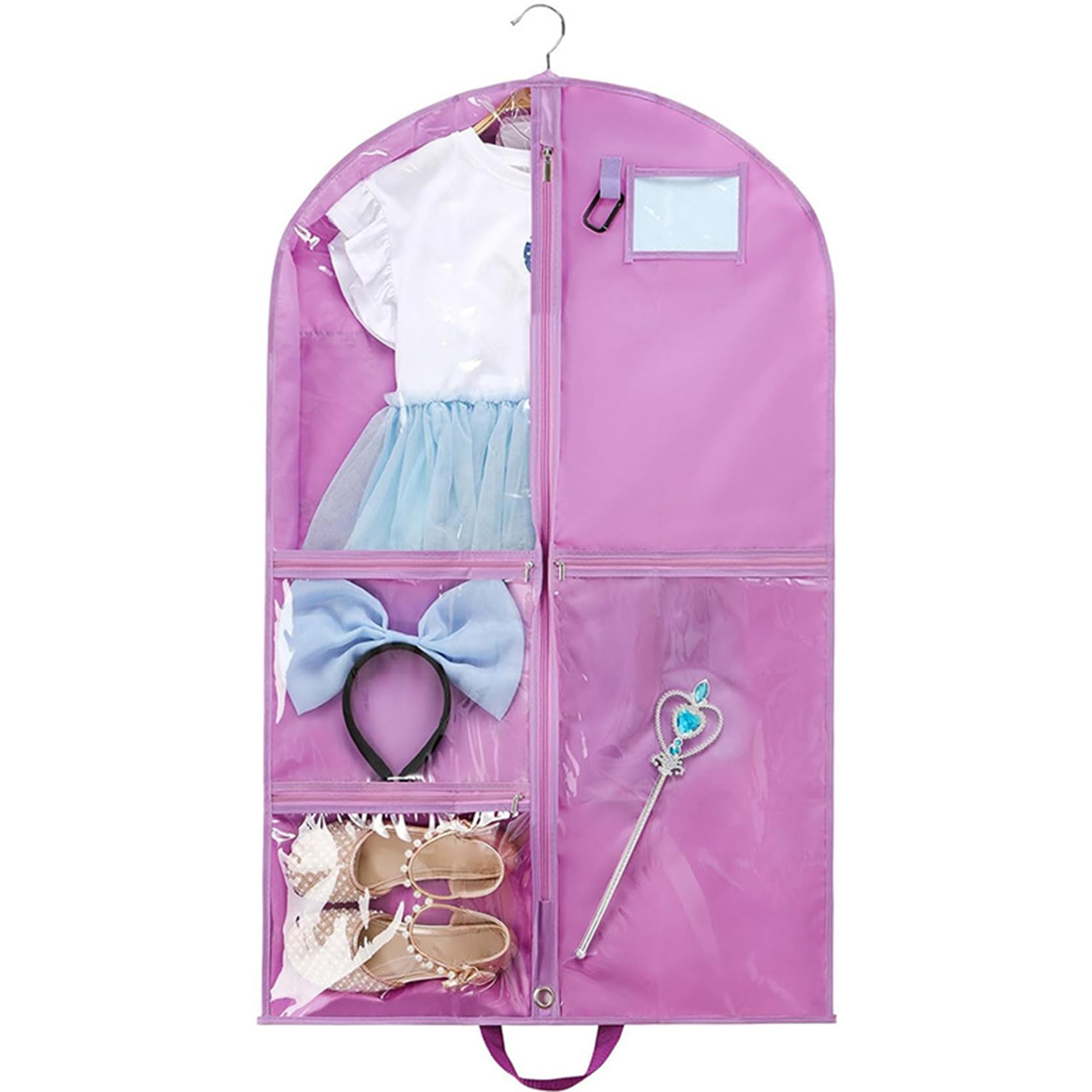 5er-Pack Kleiderhüllen für Kinder-Tanzkostüme, 101,6 cm hohe, Faltbare Kleidersäcke mit Reißverschlusstaschen, Tanz-Kleidersäcke für Tänzer, transparentes Fenster,Purple-60x8x100cm