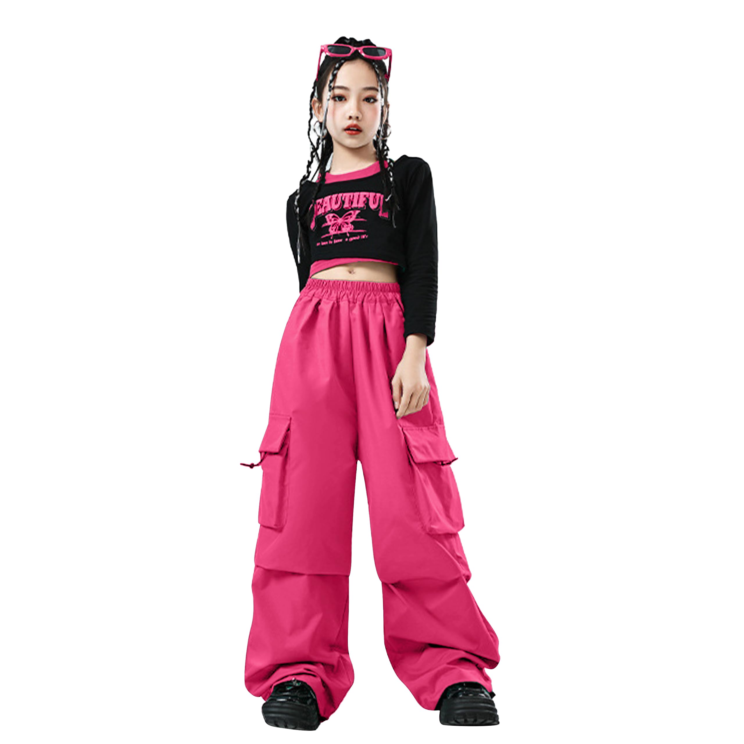LOLANTA Ragazze Hip Hop Outfit, Top Corto Stampato & Pantaloni Cargo Dance Set, Streetwear alla Moda, 6-13 Anni