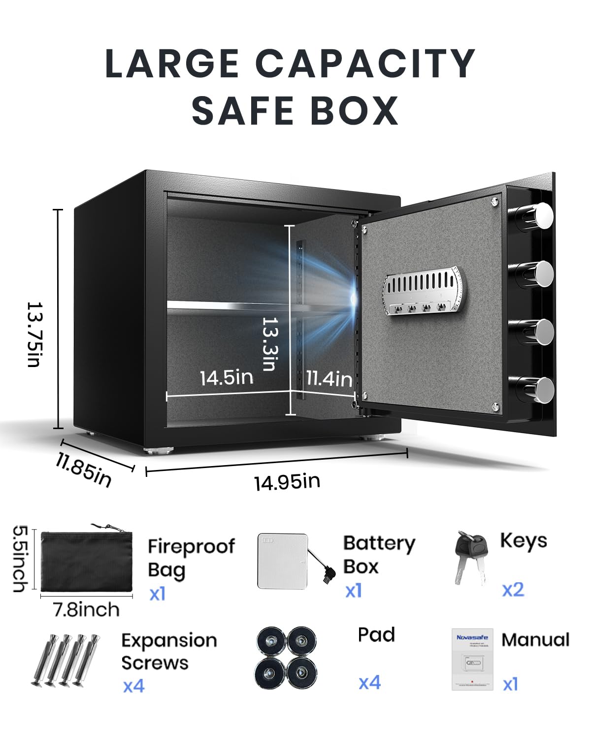 Biometrischer Tresor, Fingerabdruck-Heimsafe mit feuerfester, wasserdichter Tasche und Schlüssel, 1,4 cu ft Sicherheits-Geldsafe für Bargeld, Schmuck, Wertsachen, digitale elektronische Tastatur,