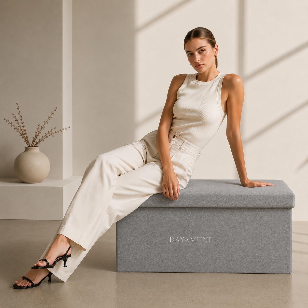 Storage Ottoman Bench with Hidden Storage 80L, Foldable Linen Fabric Foot Rest Stool, Tufted Padded Seat Storage Chest for Bedroom, Living Room, Entryway & End of Bed Bench, 76x38x38 cm (PLAIN GREY)-picture-14