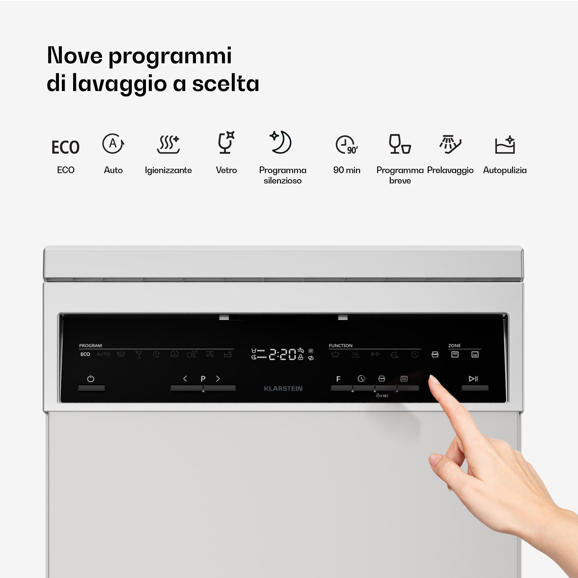 Klarstein Verosteel Lavastoviglie 45cm Libera Installazione - 10 Coperti, 9 Programmi, 42 dB, Classe B, AquaStop, Blocco Bambini, Argento, Display, Lavastoviglie Compatta