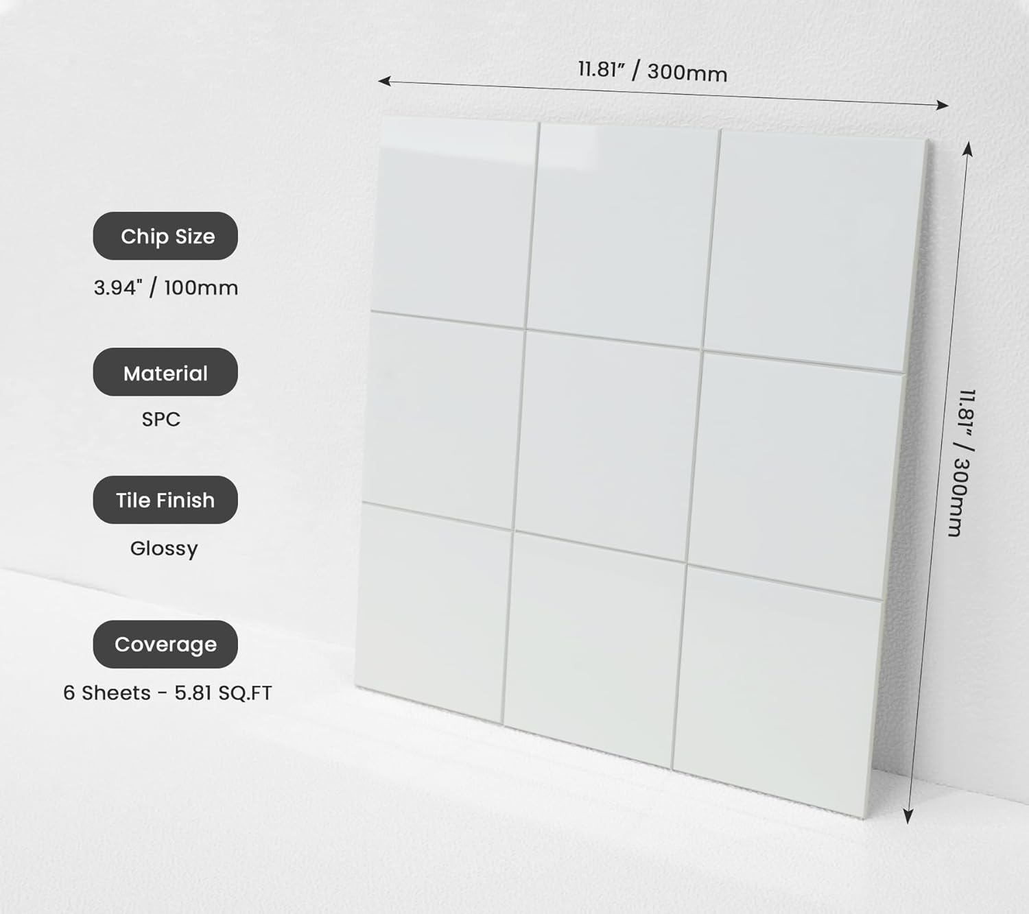 HOMEART White Peel and Stick Backsplash Square Tile, 6-Sheet Self Adhesive Glossy Stick on Backsplash Adhesive Wall Tiles for Kitchen Bathroom