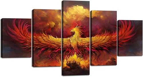 Yatsen Bridge Pintura en lienzo de Fénix de Fuego, 5 paneles, arte de pared de fénix ardiente, cuadros vintage, póster impreso, arte de arte para