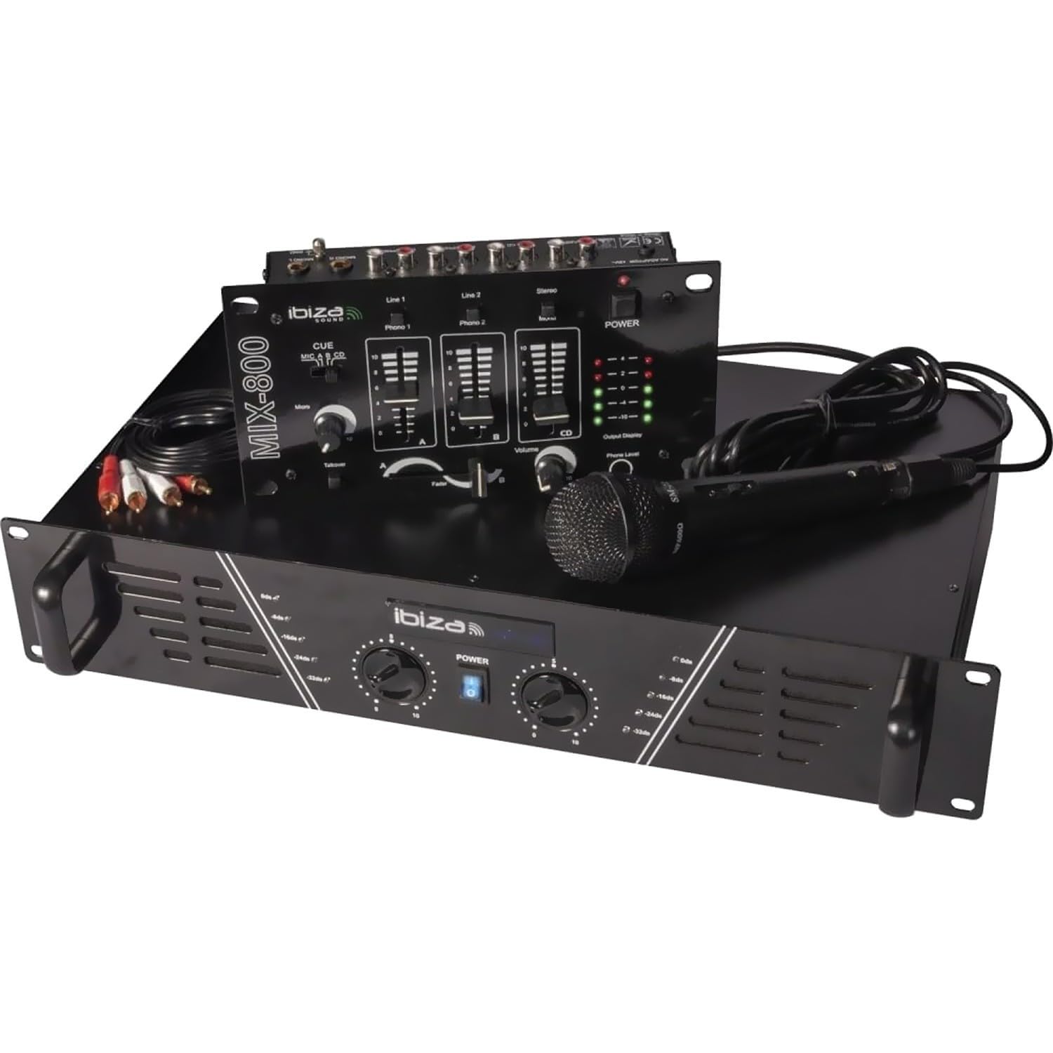 Pack SONORISATION Complet Disco 480W Ibiza Sound DJ300 Ampli - Table de mixage - Enceintes - Micro, Jeu Lumière OVNI Strobe LED