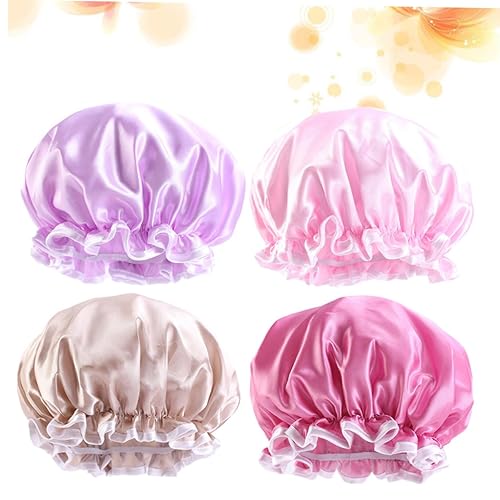 Satin Shower Caps 4-Pack - Double Layer Reusable Hair Protection