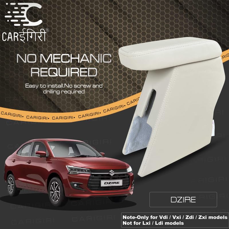 Image of Carigiri Premium Finish Car Armrest with Storage Box And High Density Moulded Foam For Maruti Suzuki Dzire (Models-2024-25)(ONLY FOR VXI,VDI /ZXI,ZDI /ZXI+ MODELS) (Beige with Beige Seam,Nappa Leather)