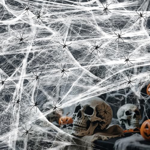 lohey Halloween Spider Web Decoration - 60g Stretchable Cobwebs Halloween Decor with 30 Plastic Spiders for Haunted Houses & Outside Halloween Decorations