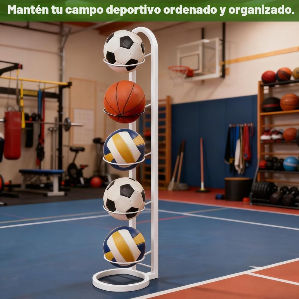 Soporte Balón Fútbol 5 Niveles, Estante Metálico Vertical para Baloncesto, Estantería Almacenaje Pelotas
