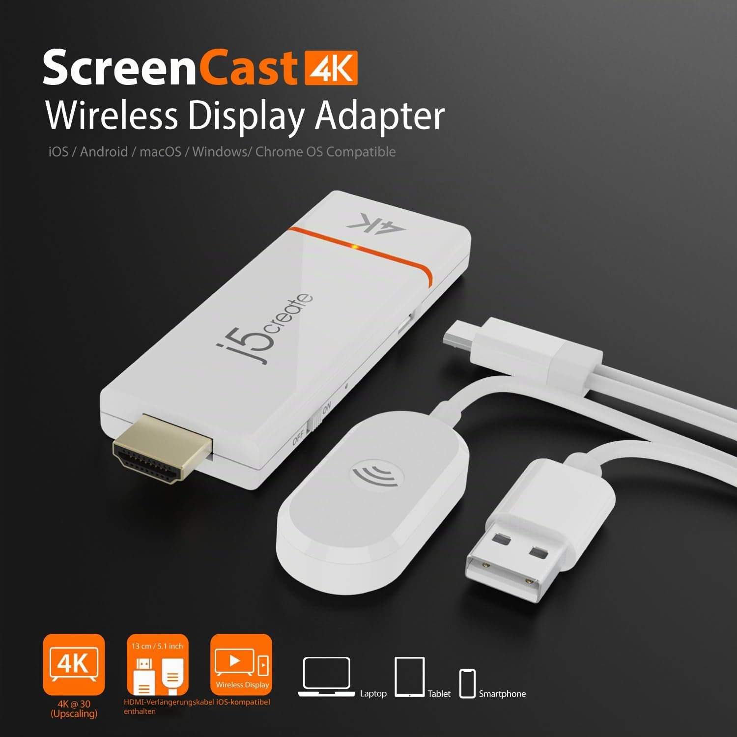 j5create ScreenCast 4K Wireless Adapter Screen Cast von Mobiltelefon/Tablet oder Laptop Unterstützung für AirPlay/Miracast&Chromecast Mirror Extend für Windows & macOS Wireless Screen Display(JVAW76)