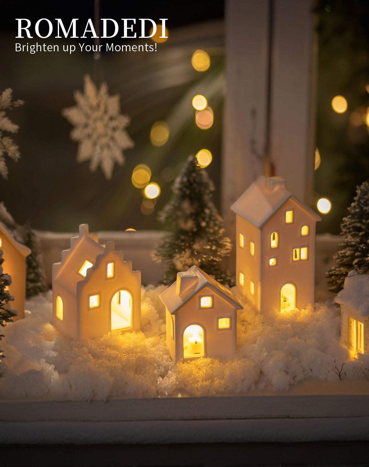 Romadedi Casas blancas de pueblo de Navidad: casa de cerámica, decoración de Navidad, mini juego de pueblo de porcelana con luces LED para mesa, mantel, estante, Navidad, invierno, vacaciones, hogar