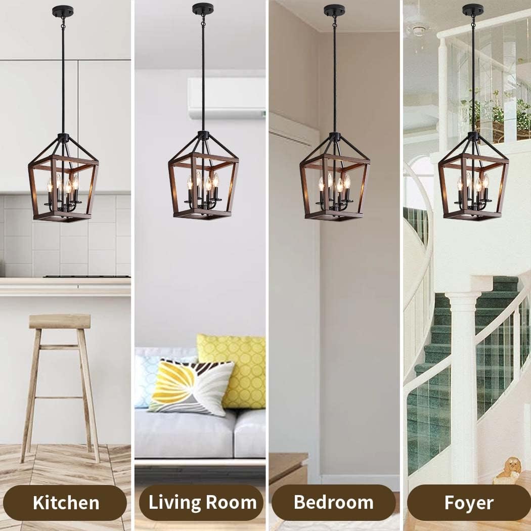 Farmhouse orb Metal Chandelier?4-Light Vintage Handmade Rustic Wood Pendant Hanging Light Fixture for Kitchen Island Dining Room Living Room Bedroom Foyer Hallway Dark Brown 4-Light