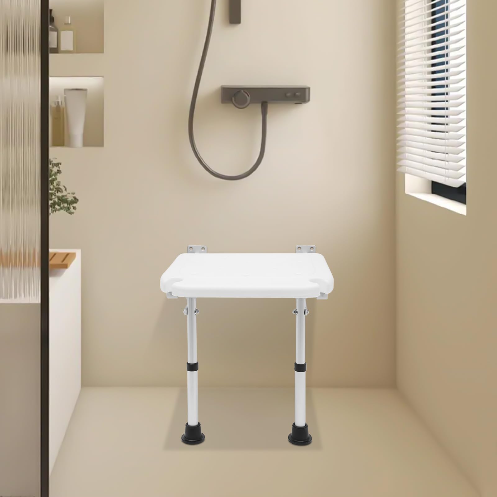 Sgabello da doccia, pieghevole, con piedini di supporto, montaggio a parete, regolabile in altezza, dimensioni della seduta 40 × 32 cm, portata massima 100 kg, per anziani bambini, bianco