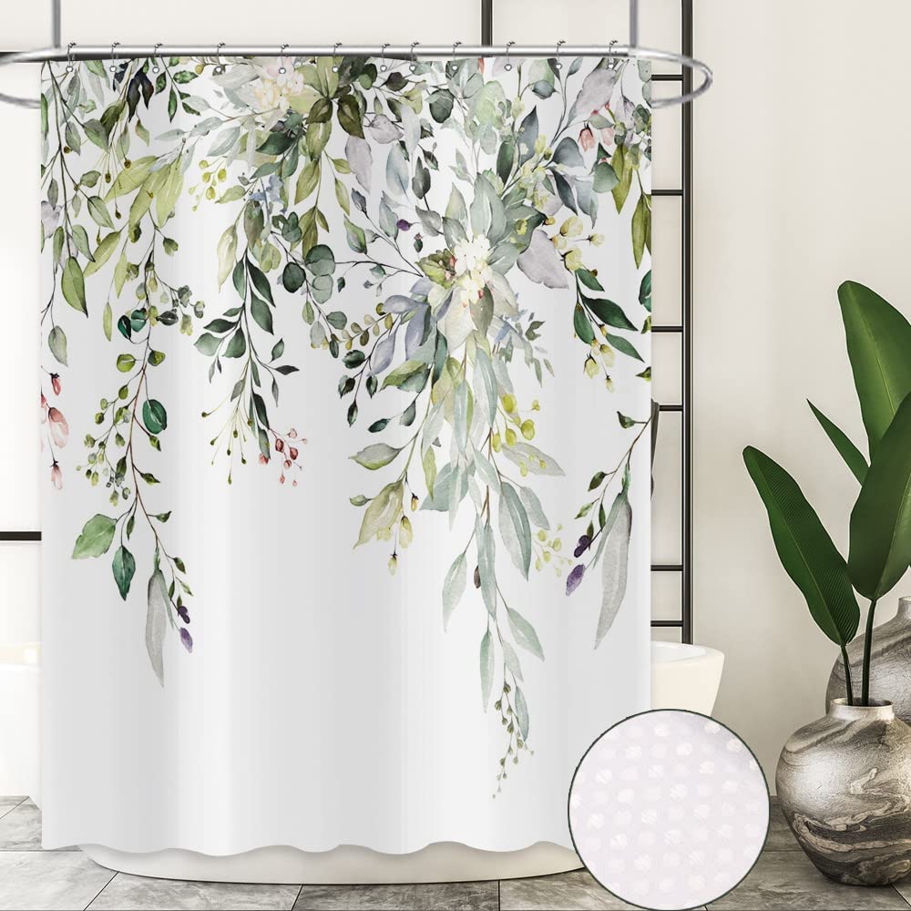 GCIREC Eucalyptus Leaf Waffle Textured Shower Curtain, Weighted Bottom Watercolor Green Leaves on The Top Plant with Floral Bathroom Curtain Bathtub