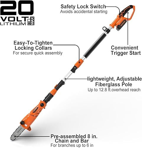 Miniatura 2 de GARCARE Sierra de cadena de poste sin cable de 20 V 2.0 Ah, batería de 8 pulgadas, motosierra de batería de 8.7 pies de alcance máximo para poda de