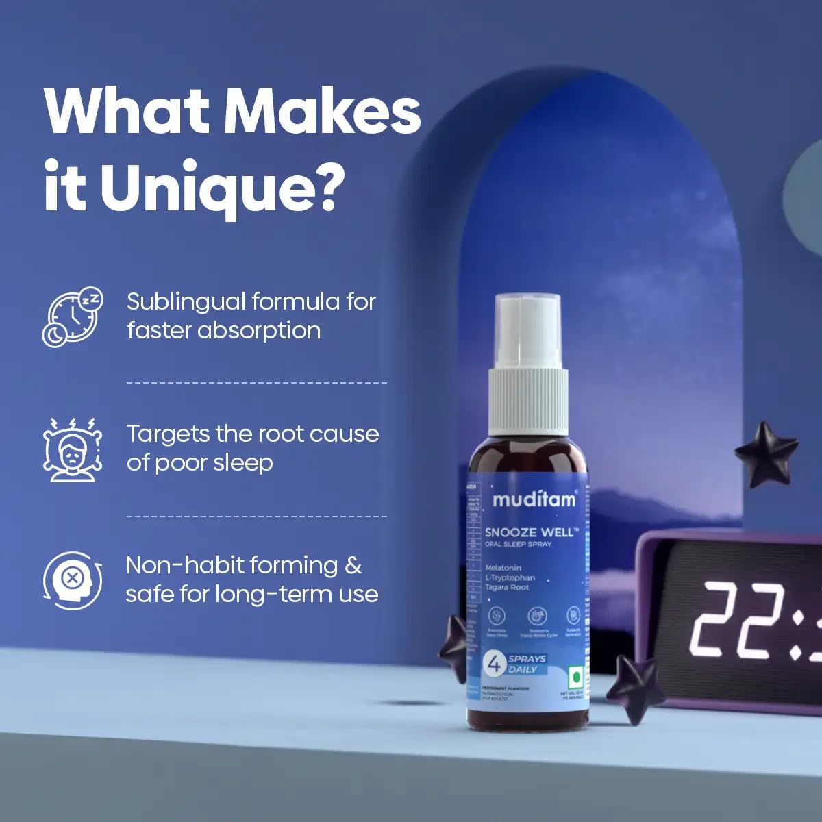 Muditam Ayurveda Snooze Well Sleep Spray | Melatonin & Herbal Blend for Deep Sleep | Fast-Acting Sublingual Oral Spray | Peppermint | 50 mL | Pack of 1 — Amazon image 8