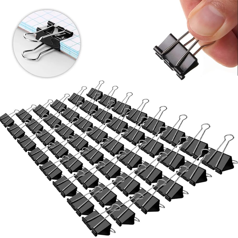 Lot de 144 petites pinces à reliure, 1,6 cm, standard 19 mm, noir, petits trombones pour classeur, pinces pliables, petites trombones, fournitures de bureau